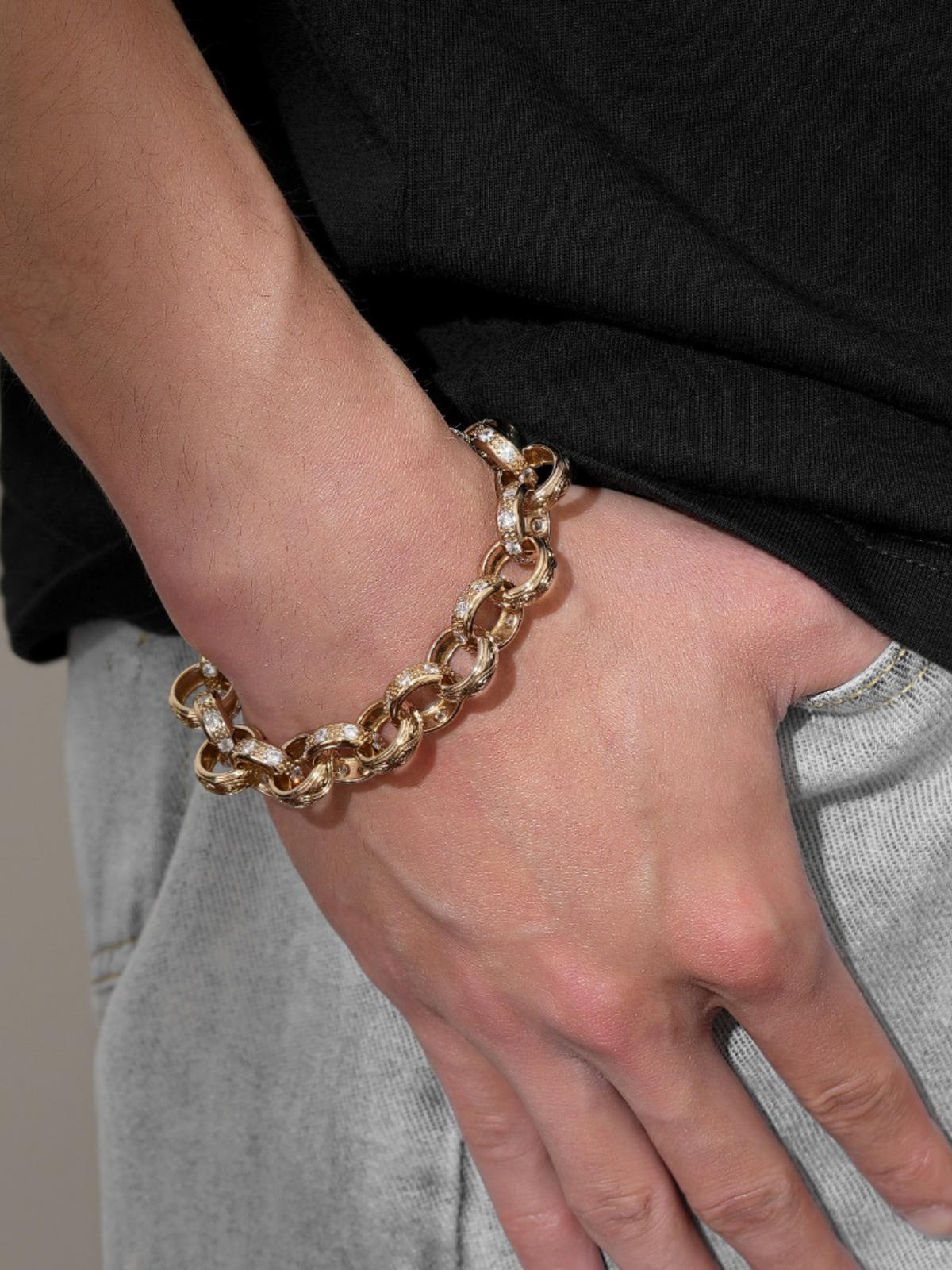 9ct Gold Filled Patterned & Diamond Belcher Bracelet 14mm