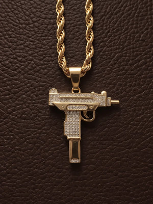 The uzi pendant shown full on with the 6mm rope chain above it