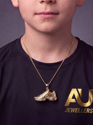 Kids 9ct Gold Filled AirMax TN Trainer Pendant worn on model, close-up