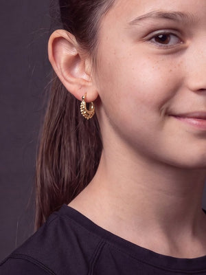 Kids 9ct Gold filled Baby Creole Earrings worn on model, close-up