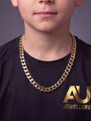 Kids 9ct Gold Filled Cuban Chain 10mm worn on model, close-up