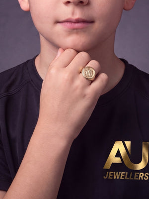 Kids 9ct Gold Filled Half Sovereign Ring worn on model, close-up