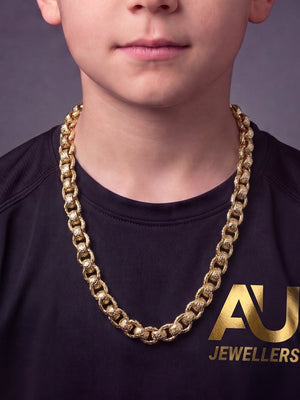 Kids 9ct Gold Filled Roller-Ball Belcher Chain 15mm worn on model, close-up