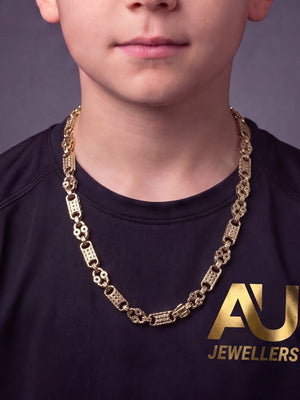 Kids 9ct Gold Filled Stars & Bars Chain 10mm worn on model, close-up