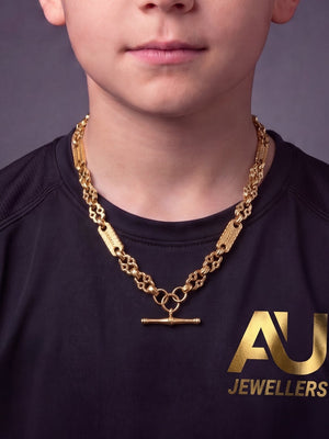 Kids 9ct Gold Filled Stars & Bars Chain 12mm worn on model, close-up