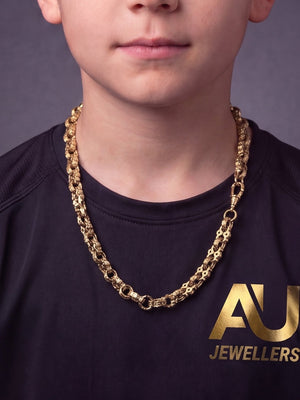 Kids 9ct Gold Filled Stars & Bars Chain 13mm worn on model, close-up