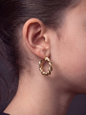 Kids 9ct Gold Filled Twist Hoop Earrings - Multiple Sizes worn on model, close-up
