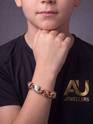 Kids 9ct Tri-Colour Gold Filled Tulip Bracelet 13mm worn on model, close-up