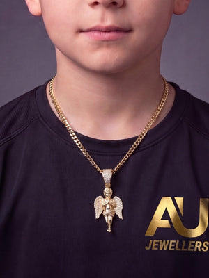 Kids Gold Filled Angel Pendant on 4mm Curb Necklace worn on model, close-up