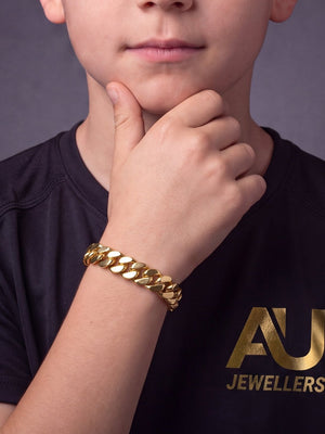 Kids Gold Filled Cuban Bracelet 14mm worn on model, close-up