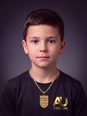 Kids Gold Filled England Football Badge Pendant With Chain worn on model