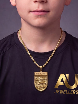 Kids Gold Filled England Football Badge Pendant With Chain worn on model, close-up