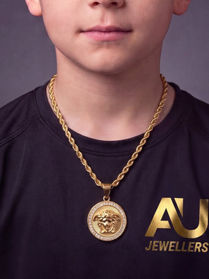 Kids Gold Filled Medusa Pendant On A 6mm Rope Chain worn on model, close-up