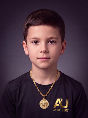 Kids Gold Filled Medusa Pendant On A 6mm Rope Chain worn on model