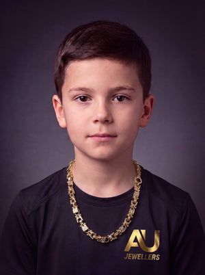 Kids 9ct Gold Filled Lego Chain 13mm worn on model