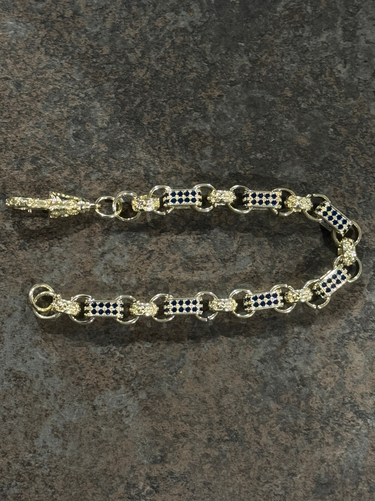 White Gold Filled Blue Diamond Gypsy Link Belcher Bracelet 10mm