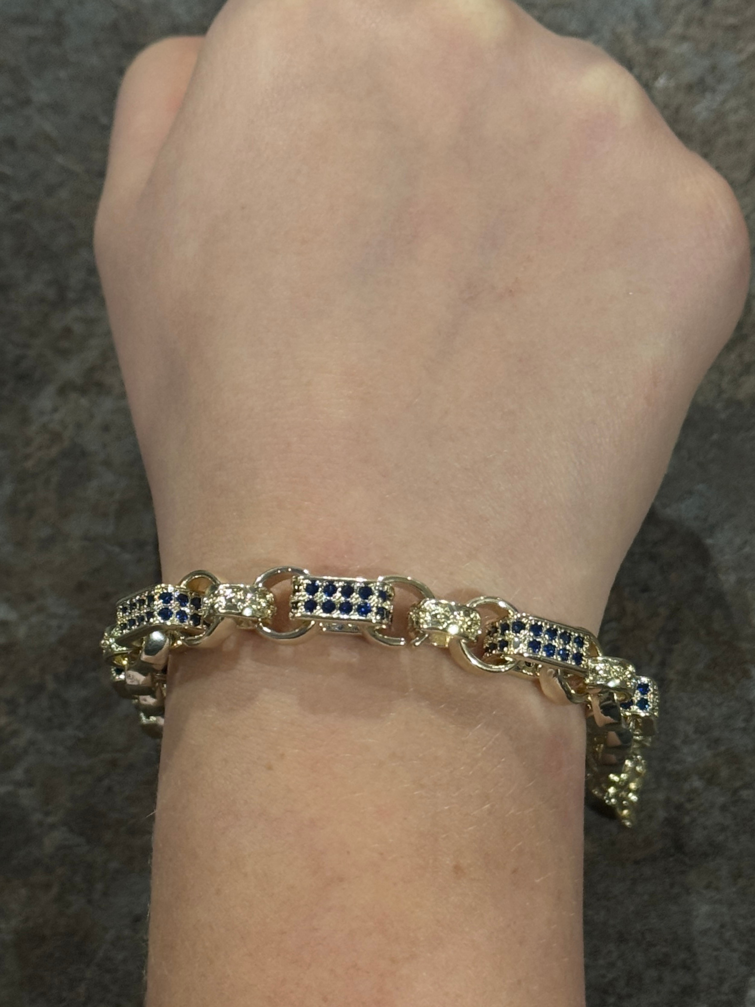 White Gold Filled Blue Diamond Gypsy Link Belcher Bracelet 10mm