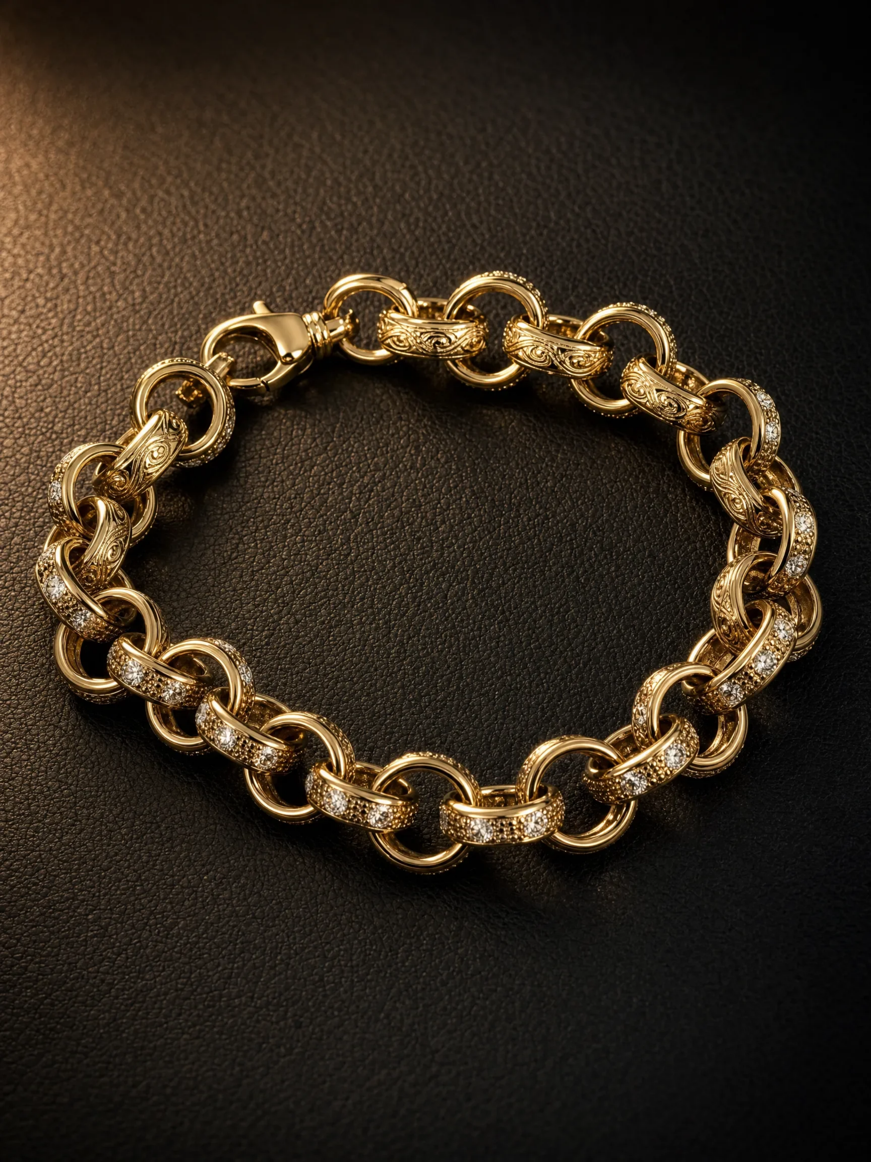 9ct Gold Filled Patterned & Diamond Belcher Bracelet 14mm