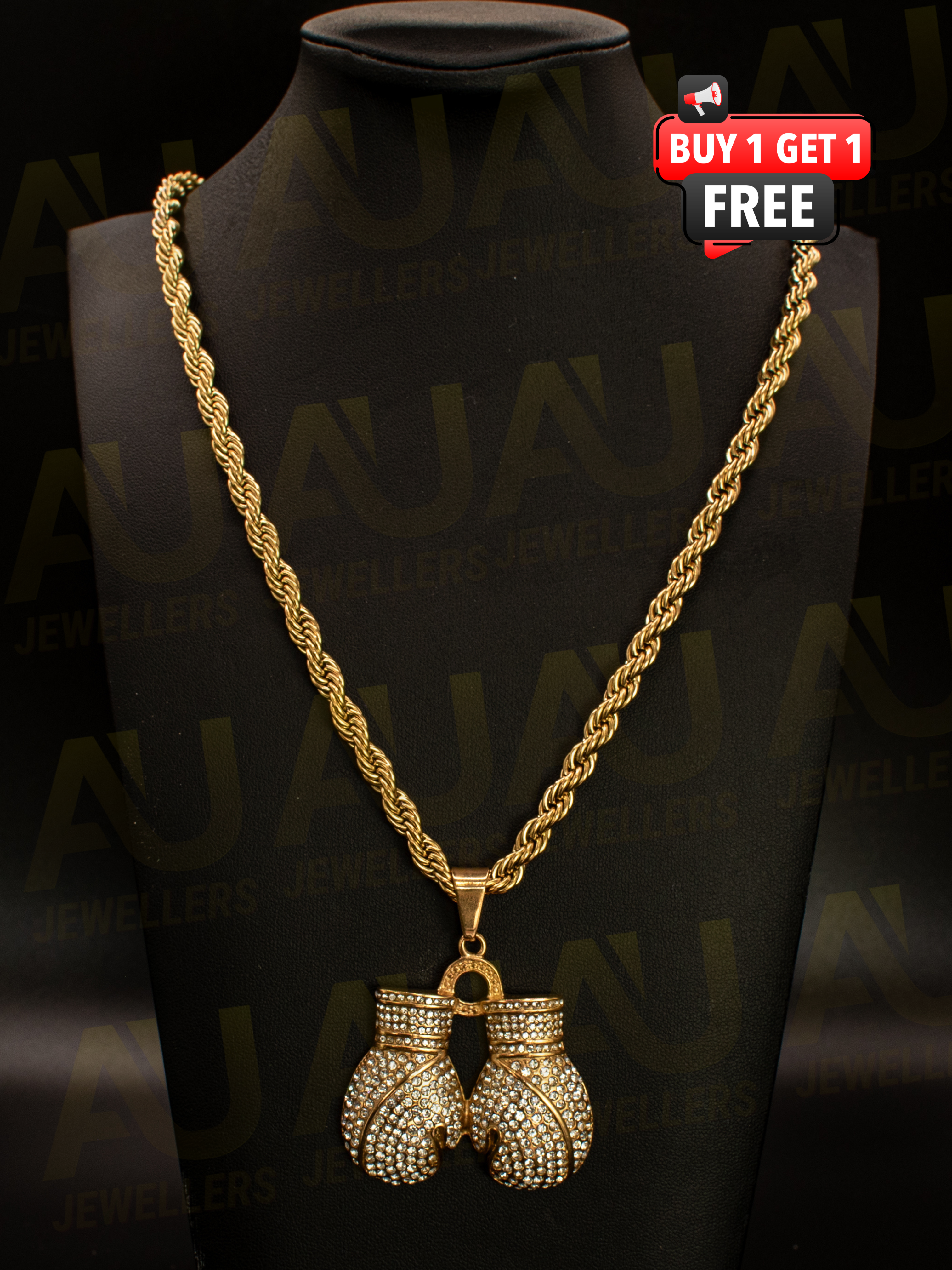 Gold Filled Stone-Set Boxing Gloves Pendant On A 6mm Rope Chain