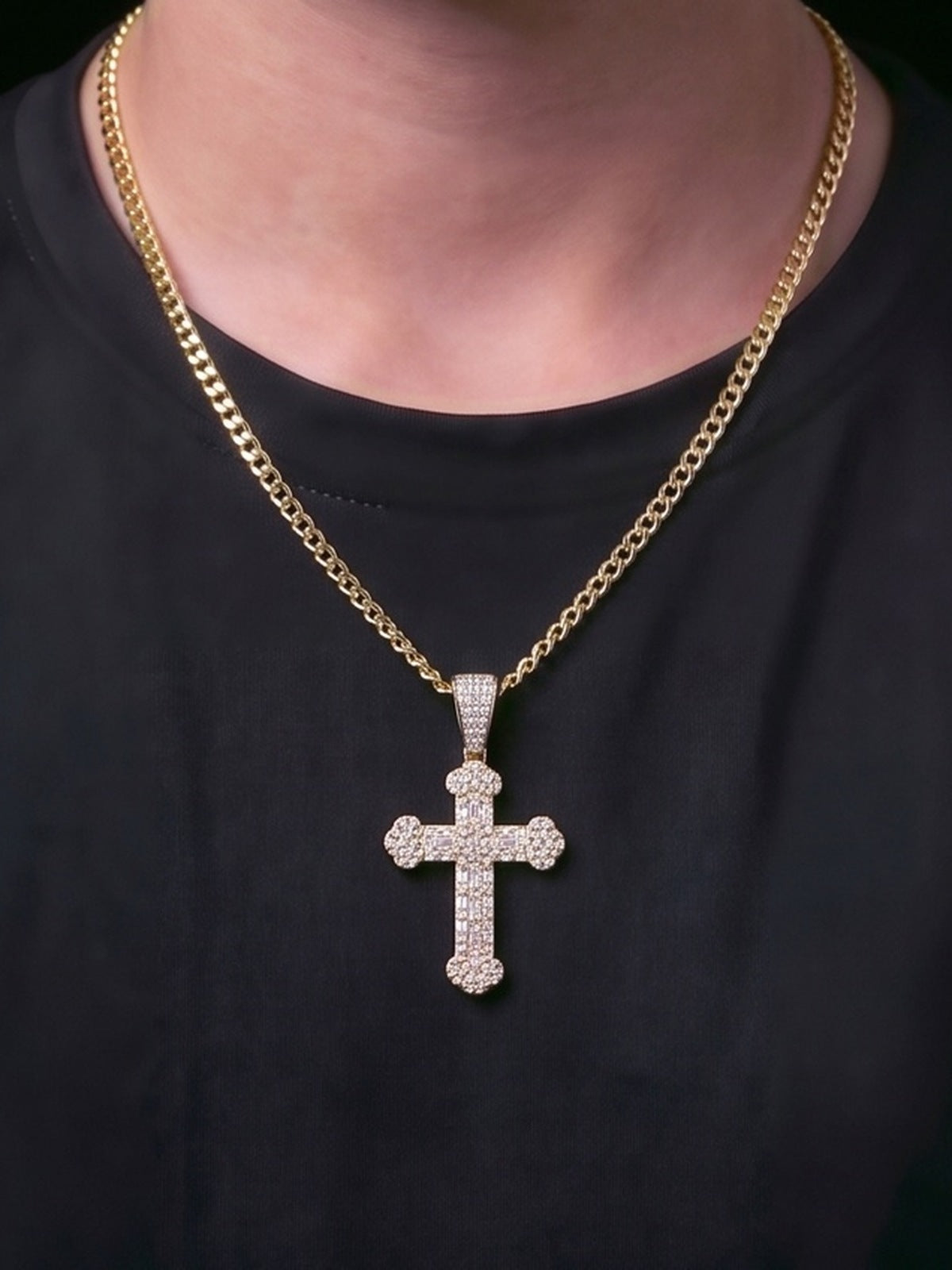 Kids Diamond Cross Pendant on 4mm Curb Necklace worn on the chest