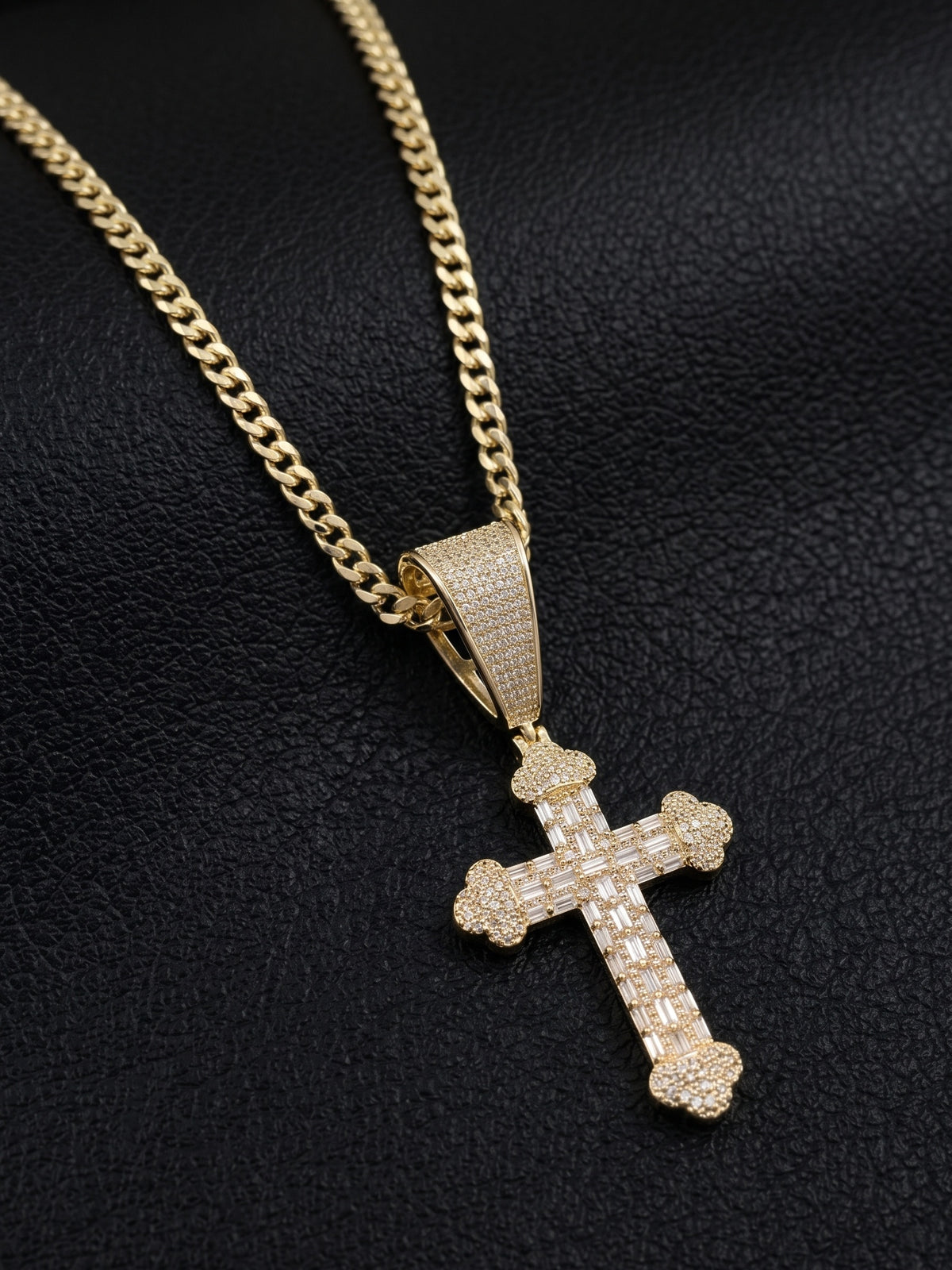 Kids Diamond Cross Pendant on 4mm Curb Necklace displayed on leatherette