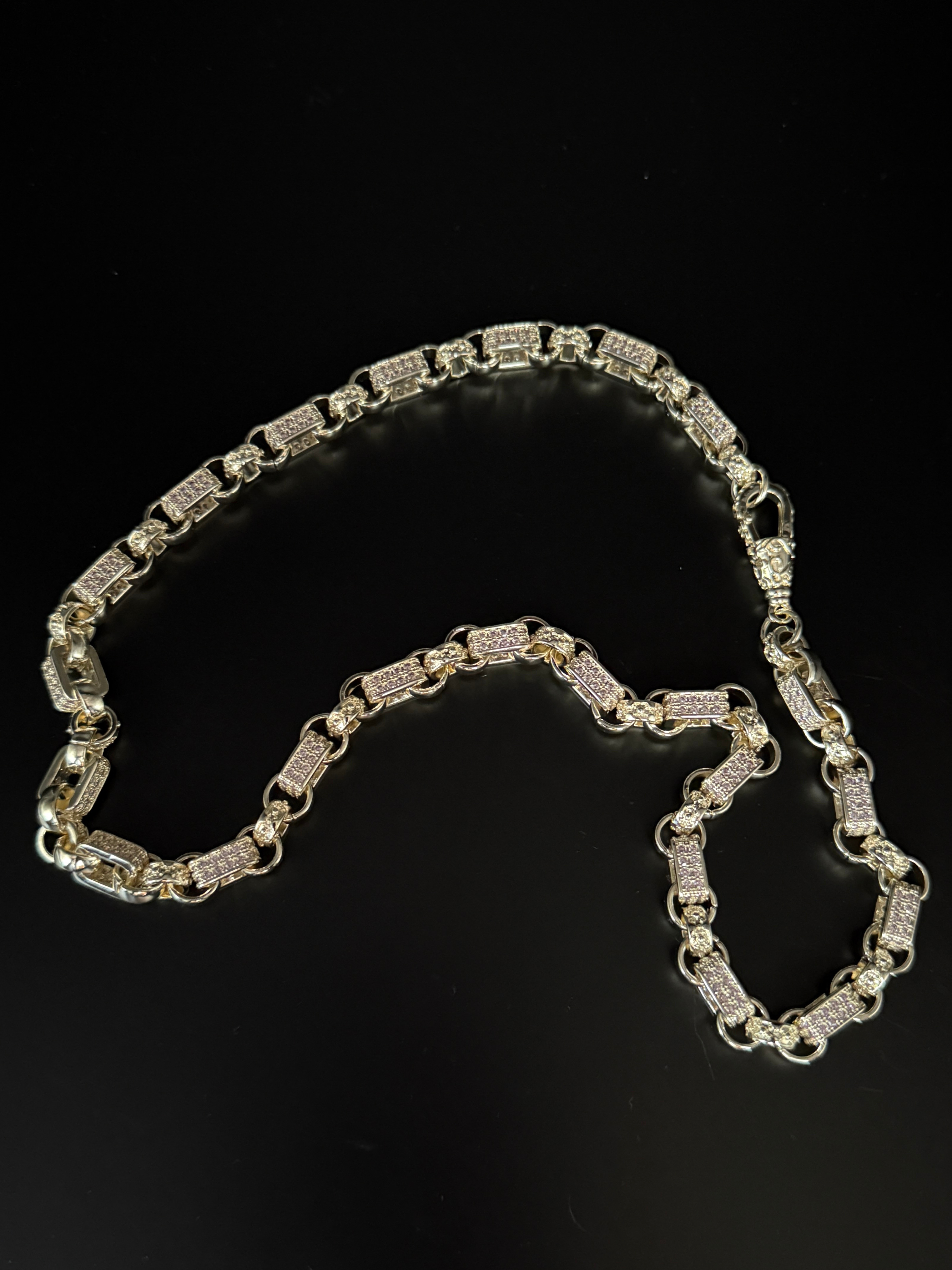White Gold Filled Pink Diamond Gypsy Link Belcher Chain 10mm