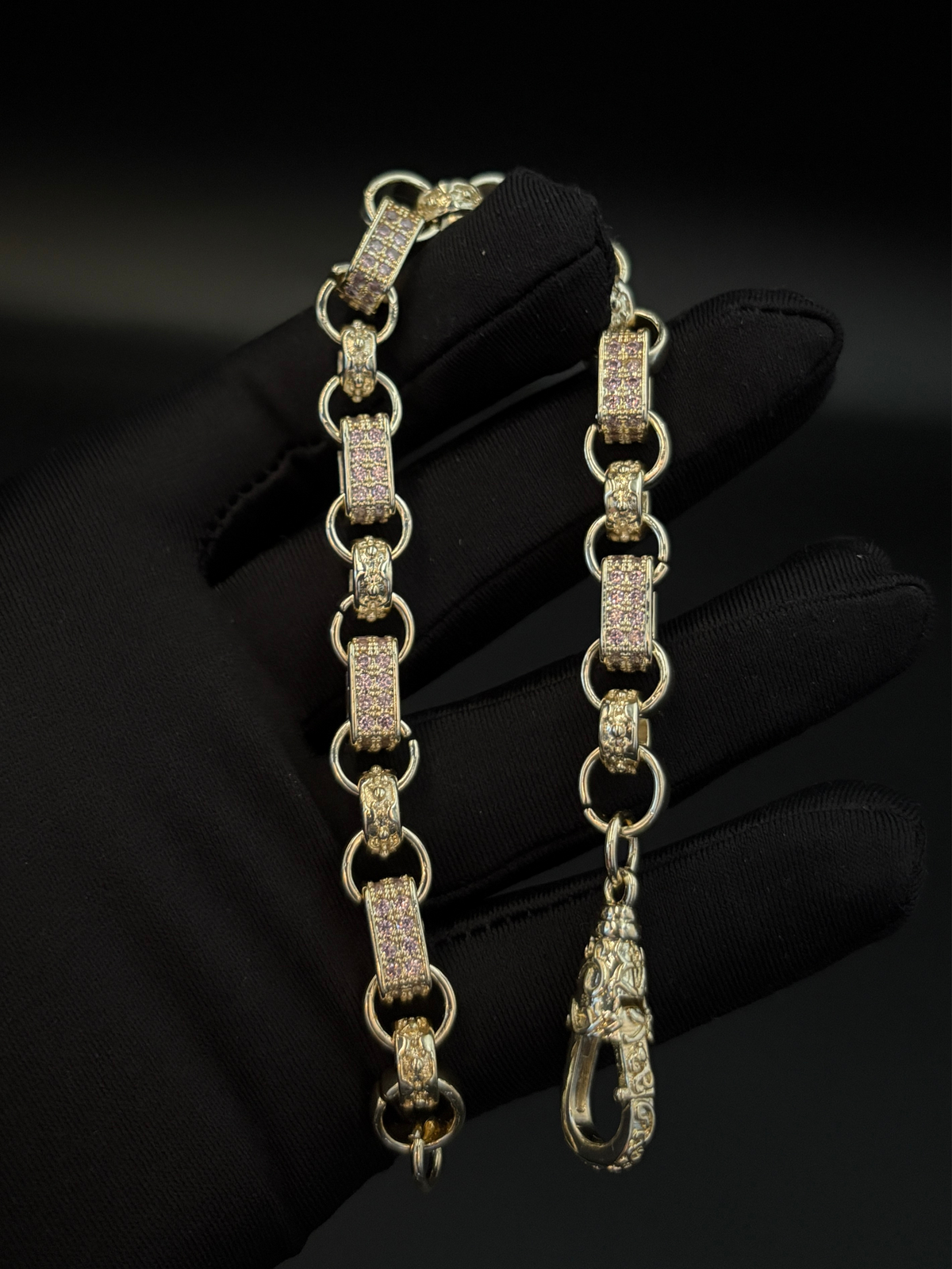 White Gold Filled Pink Diamond Gypsy Link Belcher Bracelet 10mm