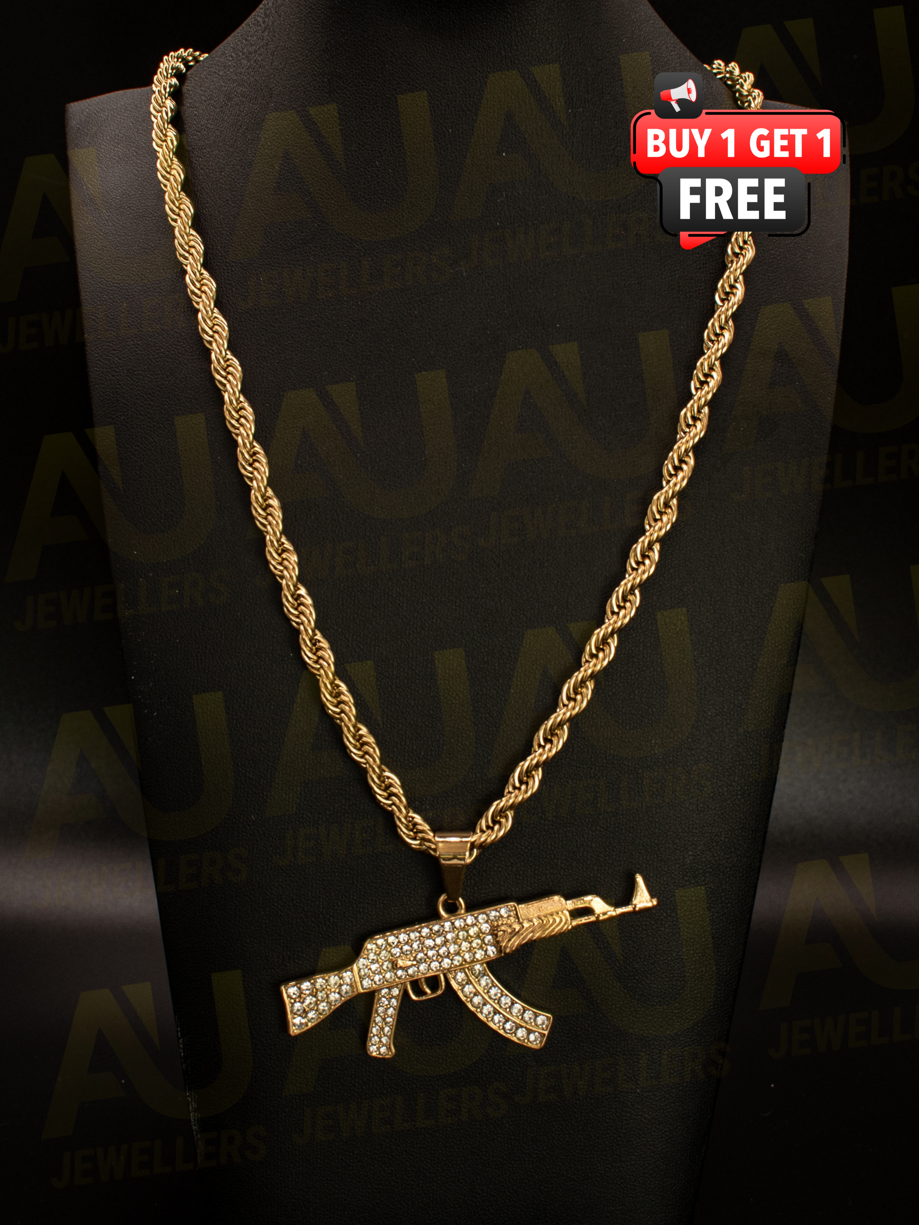 Gold Filled AK-47 Pendant On A 6mm Rope Chain