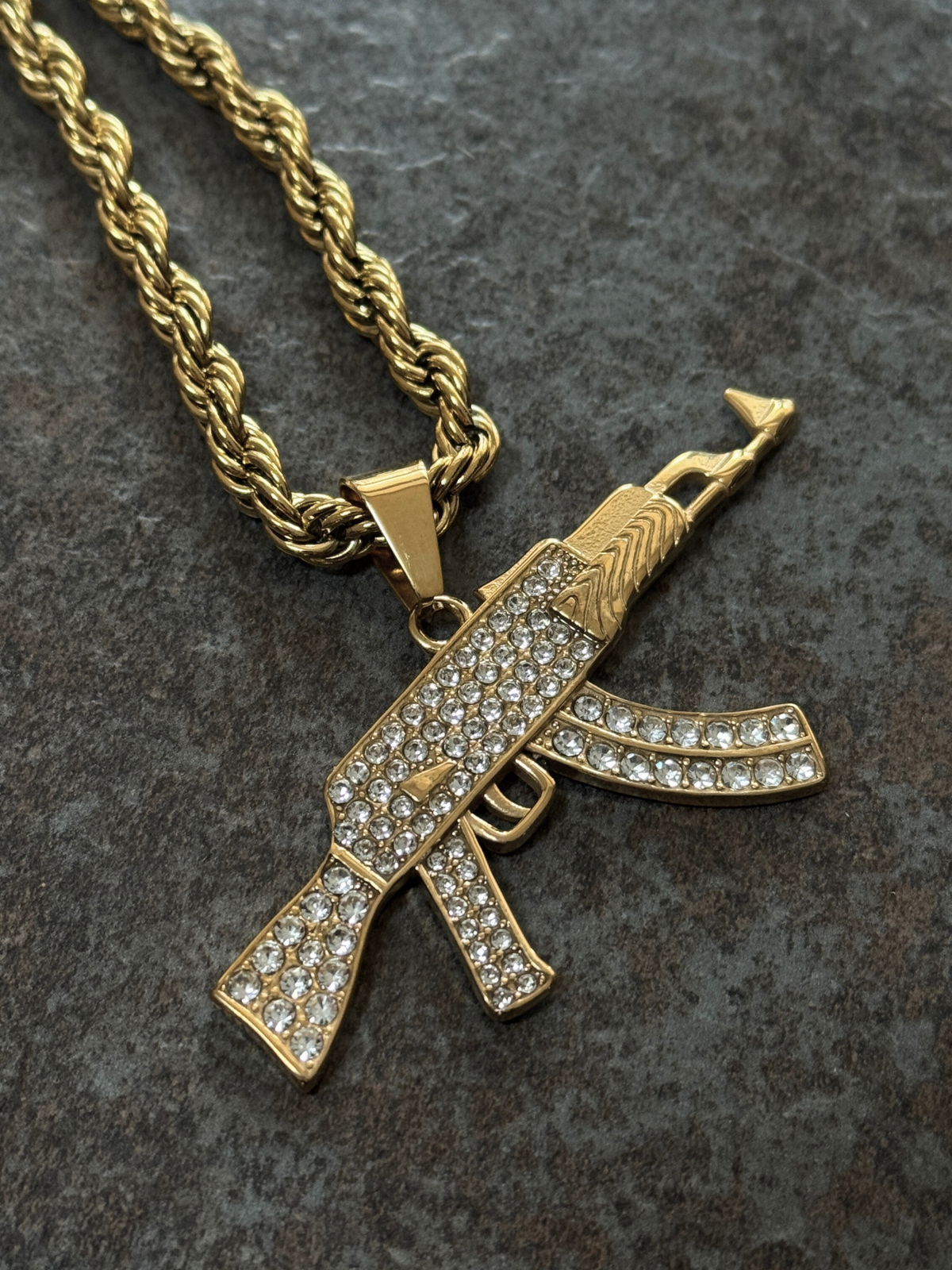 Gold Filled AK-47 Pendant On A 6mm Rope Chain