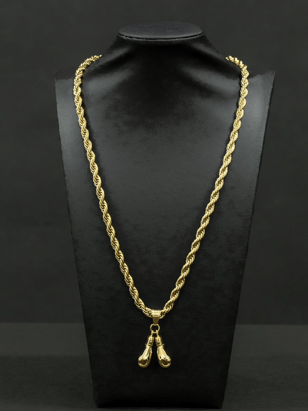 14K Gold Boxing Gloves Pendant on a 6mm Rope Chain