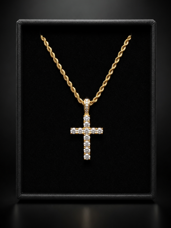14K Gold Iced Cross Pendant on 3mm Rope Chain