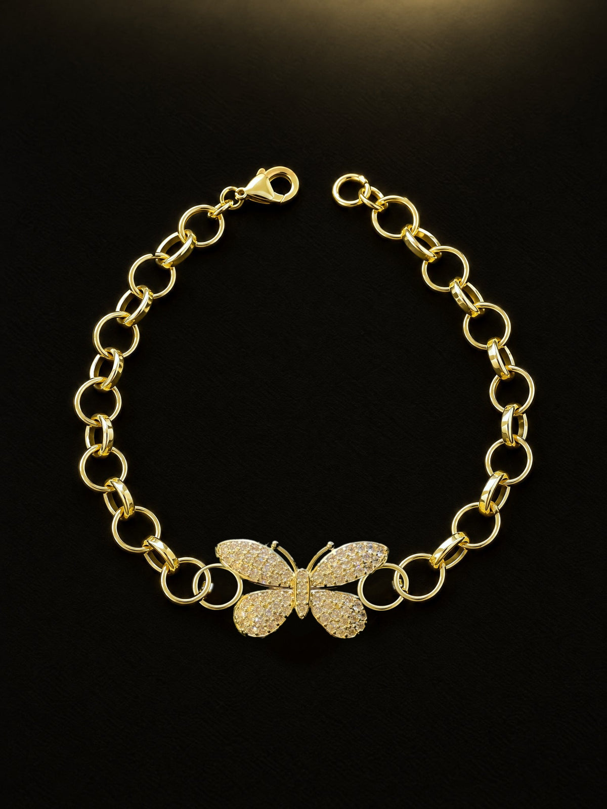 Girls Diamond Butterfly Charm Belcher Bracelet Gold Filled full bracelet laid flat and open