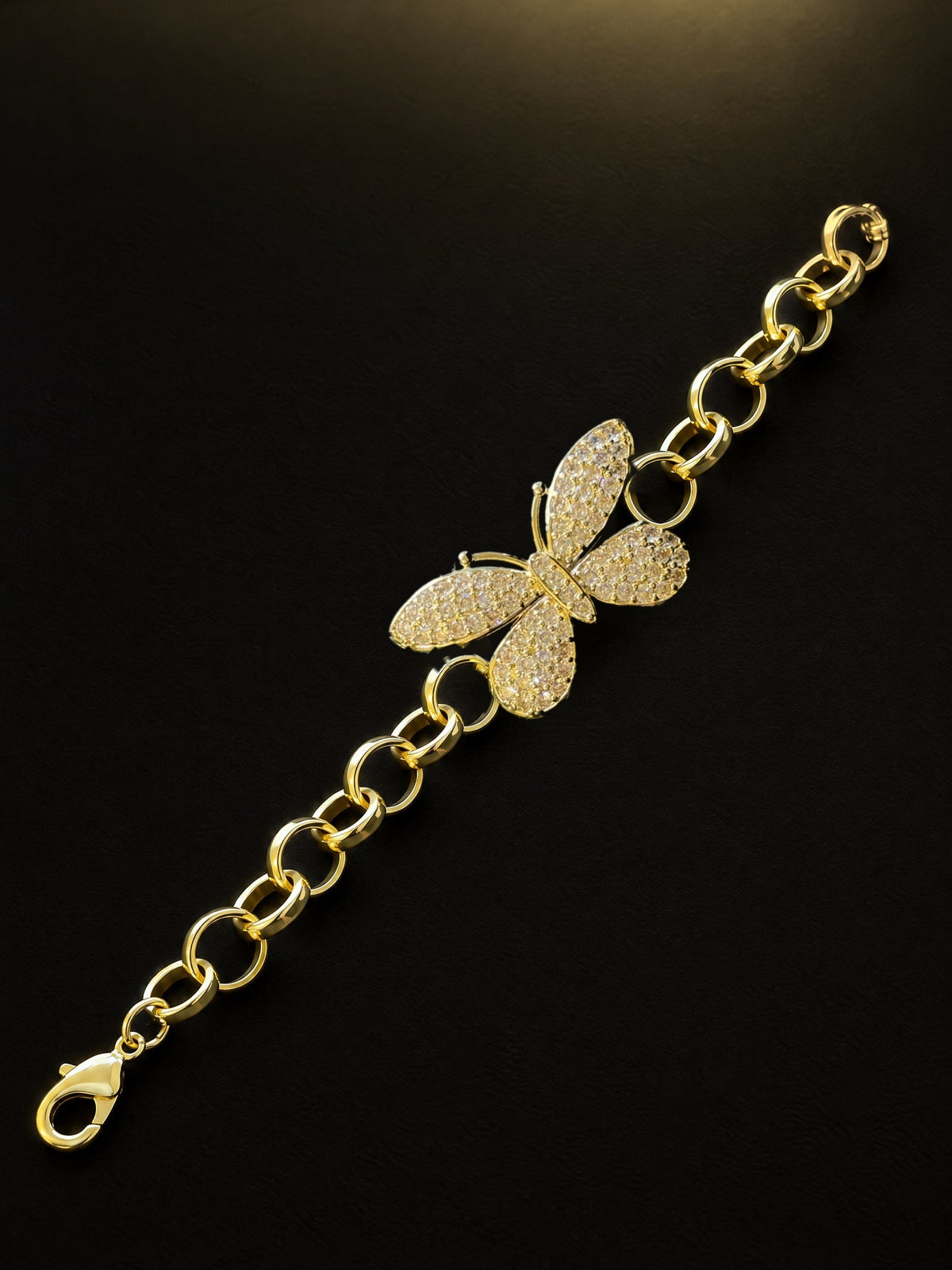 Girls Diamond Butterfly Charm Belcher Bracelet Gold Filled diagonal flat lay