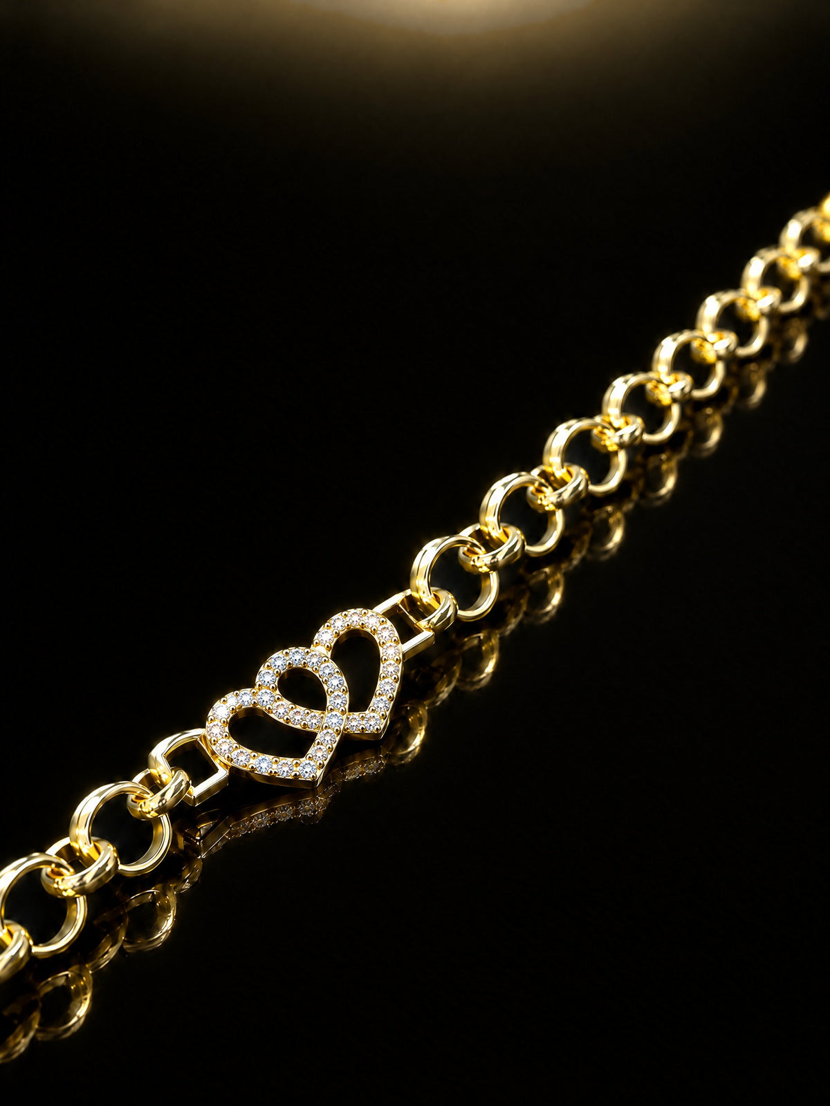 Girls Double Love Heart Charm Belcher Bracelet Gold Filled low side angle of double heart charm and belcher links