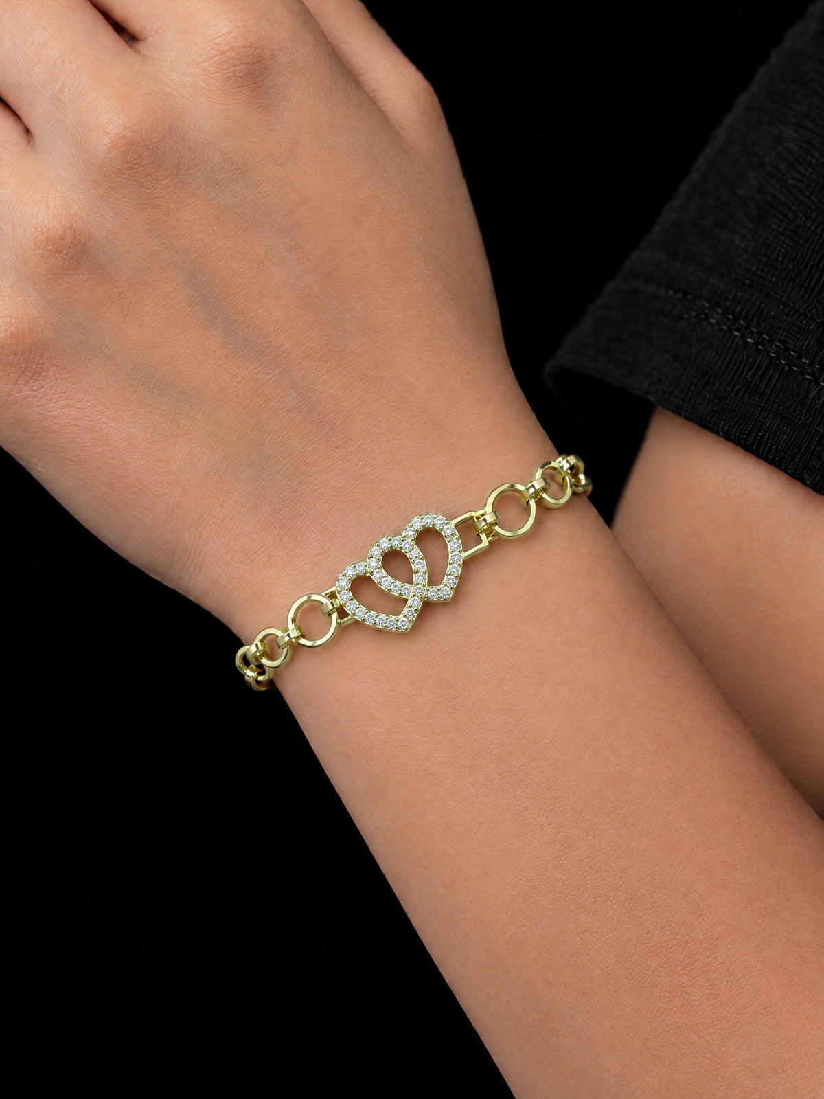 Girls Double Love Heart Charm Belcher Bracelet Gold Filled worn on a girl's wrist