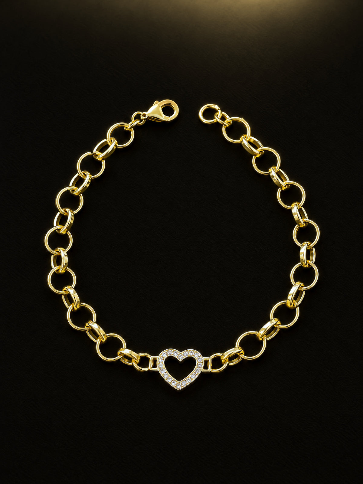 Girls Love Heart Charm Belcher Bracelet Gold Filled full bracelet laid flat