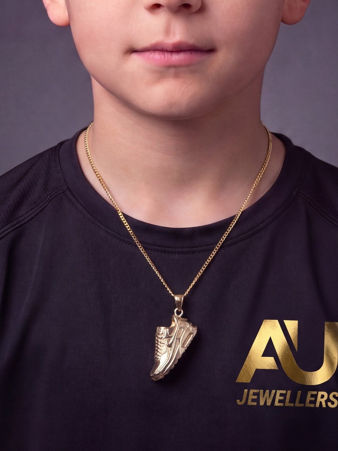 Kids 9ct Gold Filled AirMax 90 Trainer Pendant worn on model, close-up