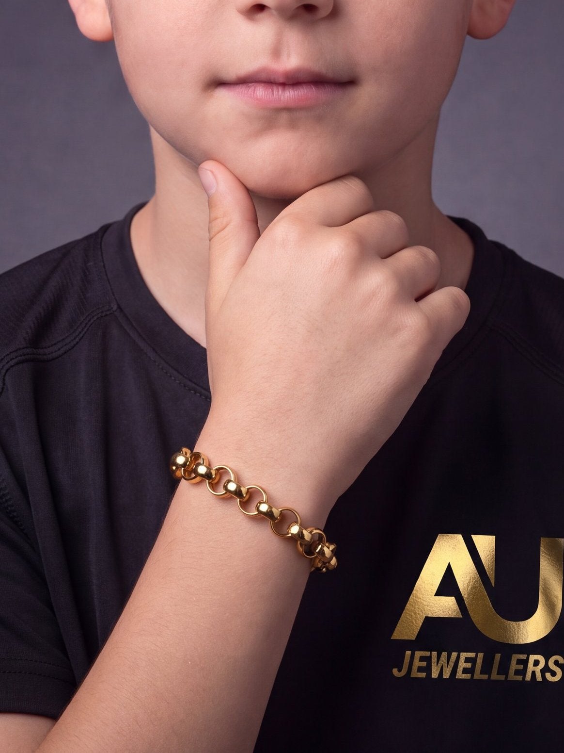 Kids 9ct Gold Filled Belcher Bracelet 10mm worn on model, close-up