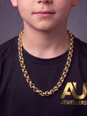 Kids 9ct Gold Filled Belcher Chain 8mm worn on model, close-up