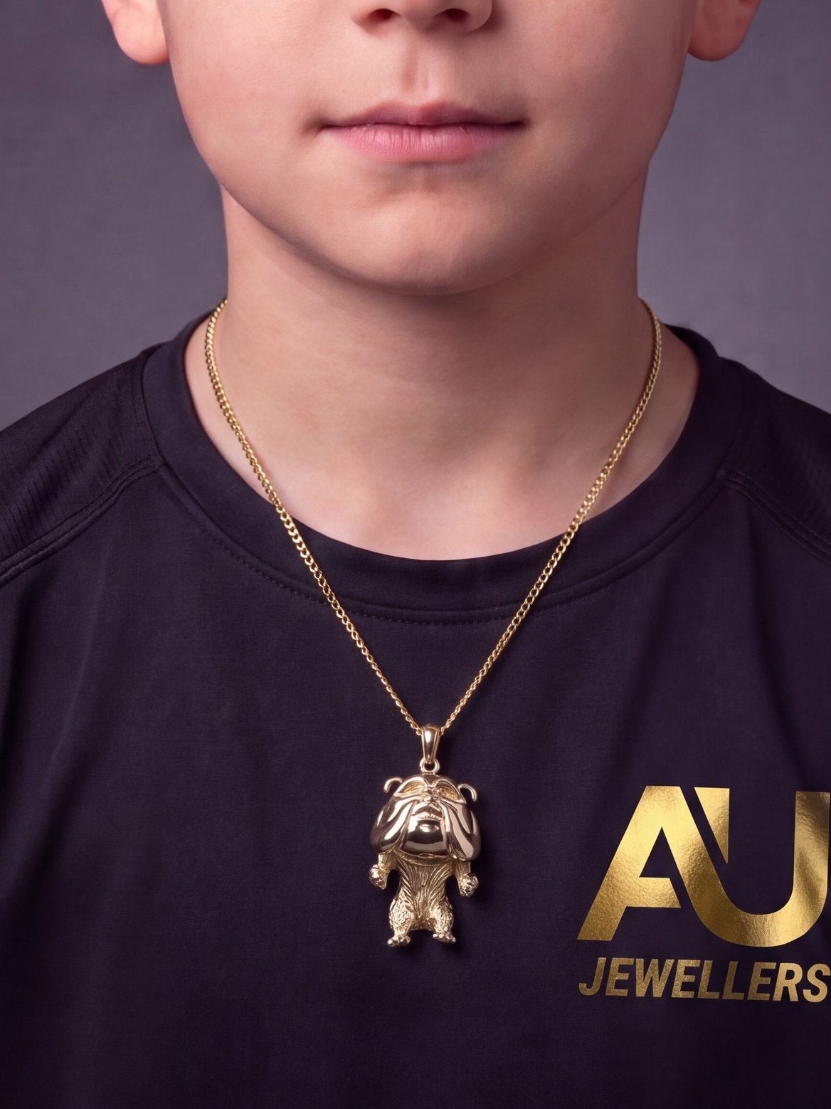 Kids 9ct Gold Filled Bull-Dog Pendant worn on model, close-up