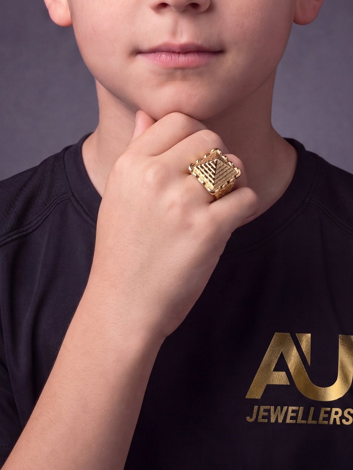 Kids 9ct Gold Filled Castle Pyramid Ring worn on model, close-up