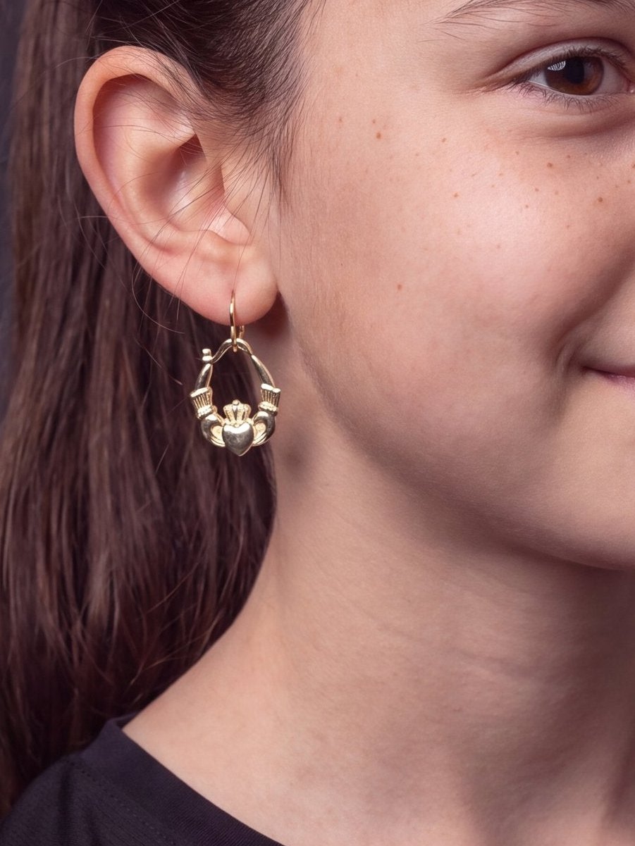 Kids 9ct Gold Filled Claddagh Earrings worn on model, close-up