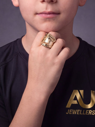 Kids 9ct Gold Filled Cowboy Saddle Ring worn on model, close-up
