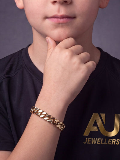 Kids 9ct Gold Filled Cuban Bracelet 10mm worn on model, close-up
