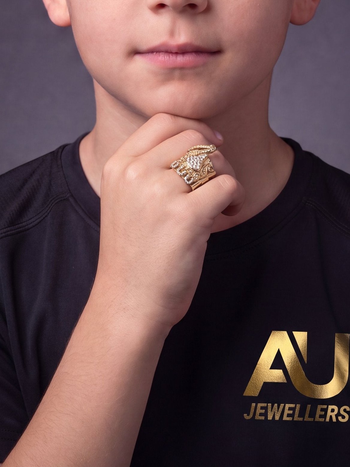 Kids 9ct Gold Filled Diamond Cowboy Saddle Ring worn on model, close-up