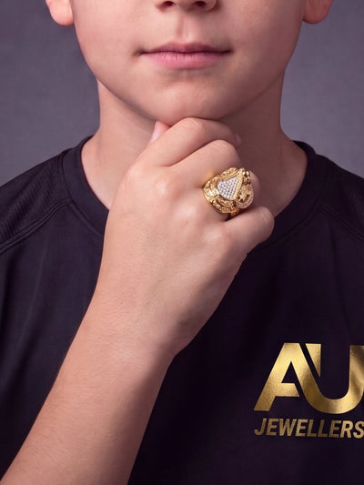 Kids 9ct Gold Filled Diamond Saddle Ring worn on model, close-up