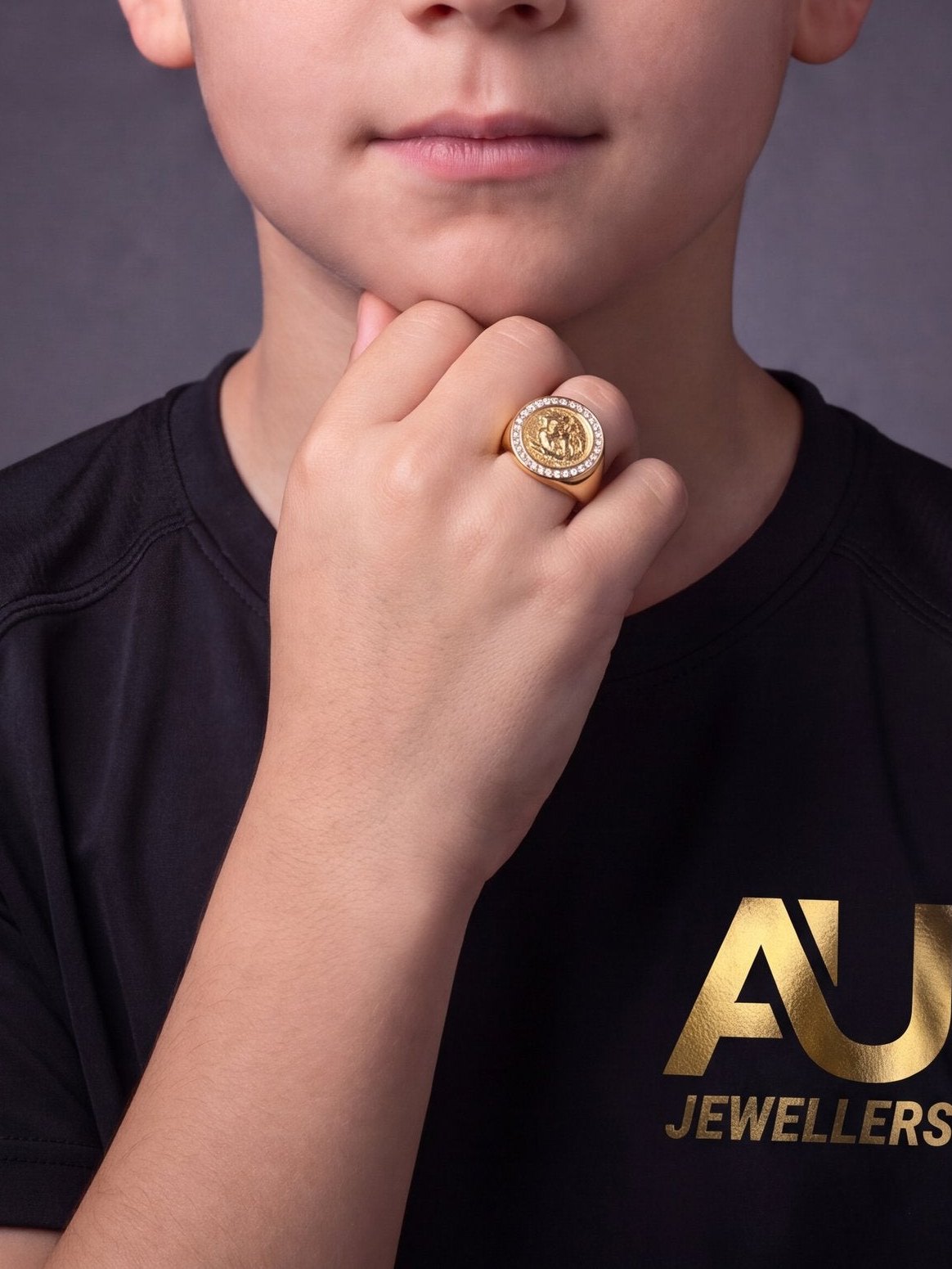 Kids 9ct Gold Filled Diamond Sovereign Ring worn on model, close-up
