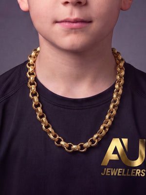 Kids 9ct Gold Filled Full Patterned Belcher Chain 12mm worn on model, close-up