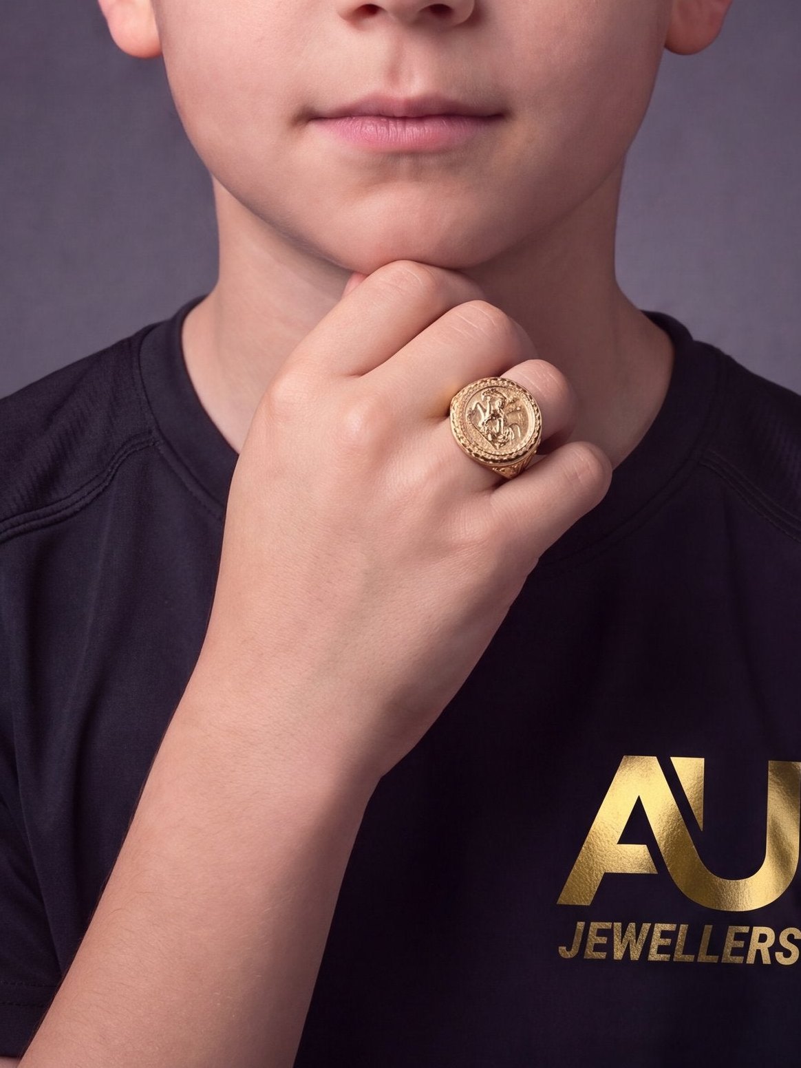 Kids 9ct Gold Filled Full Sovereign Ring worn on model, close-up
