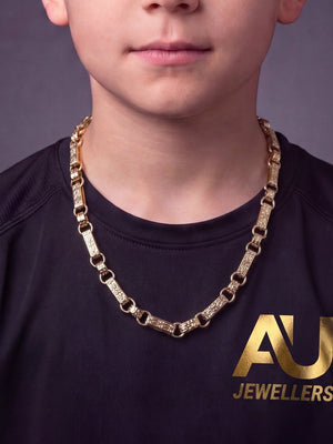 Kids 9ct Gold Filled Gypsy Link Belcher Chain 13mm worn on model, close-up